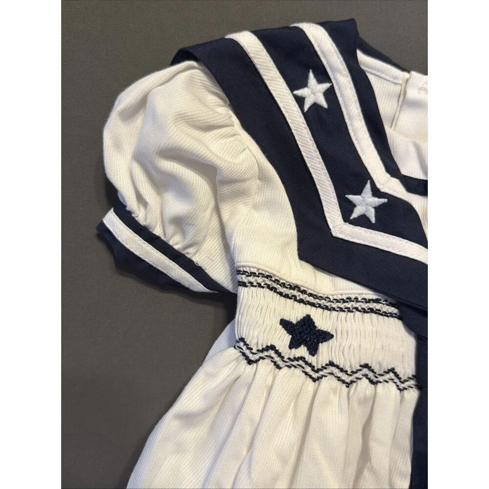 Vintage Friedknit Creations Smocked Nautical 12 Month Baby Girl Dress Stars